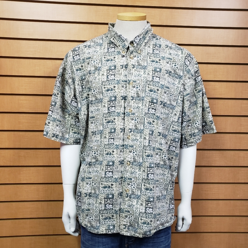 Big Dogs Hawaiian Shirt Mens XL Graphic Print Short Sleeve Button Down